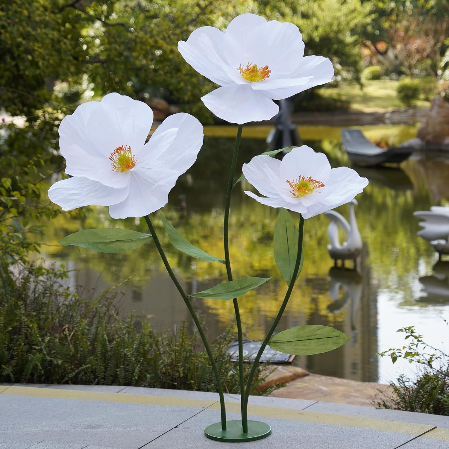 Giant White Paper Poppy Flowers for Home Decor & Events – Handcrafted Stand Incl