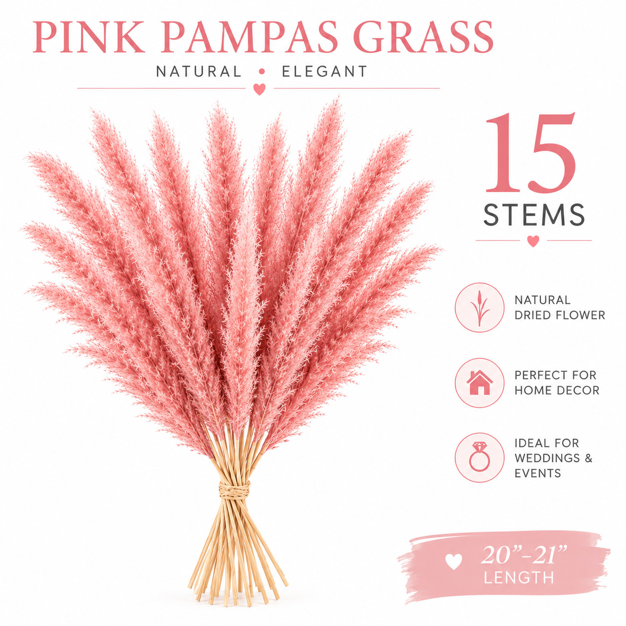 15 Stems Pink Pampas Grass 21″ Dried Floral Bouquet Boho Wedding Home Decor