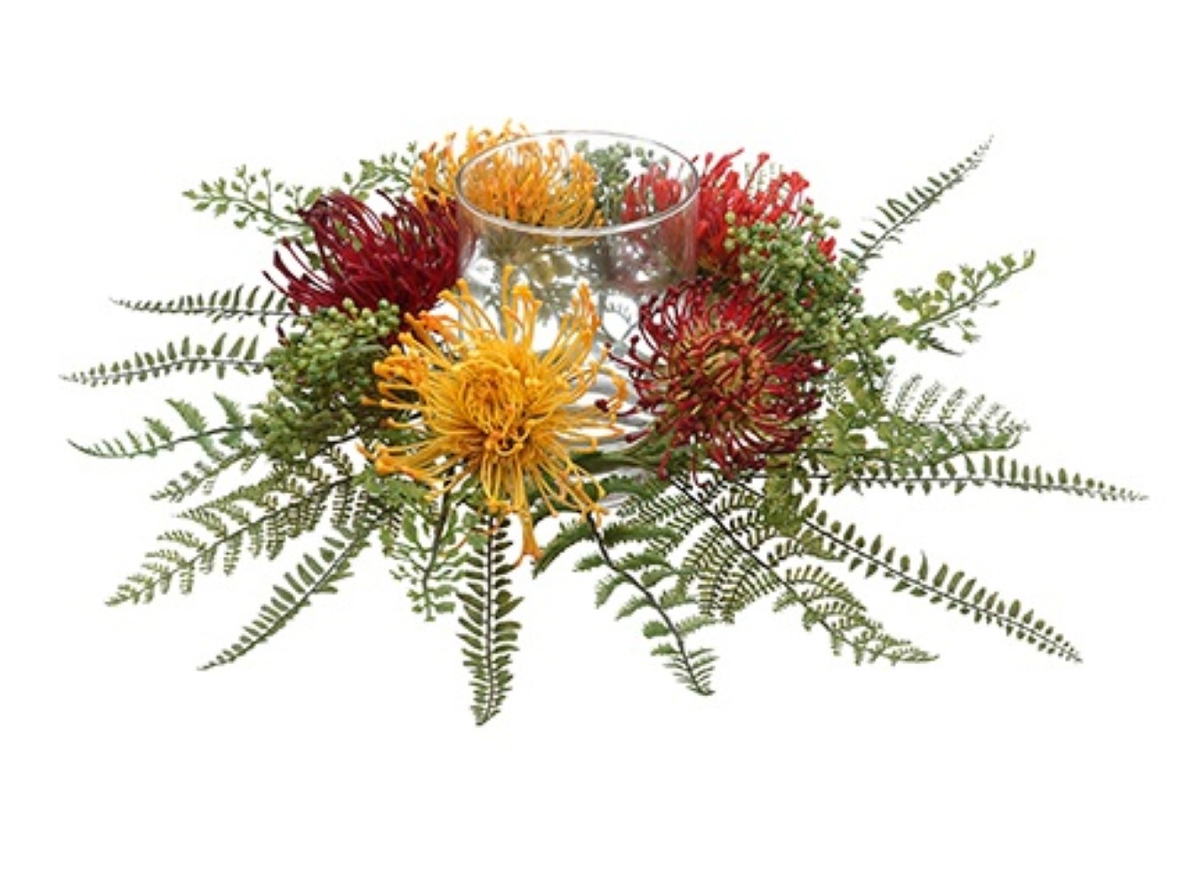 Allstate 17″ Green Red Yellow Protea Fern Artificial Candle Ring Pillar Holder