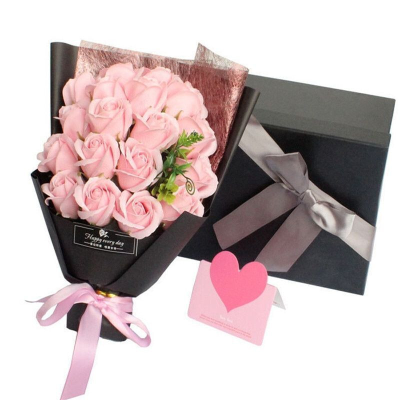 18 Pcs Eternal Baby Pink Rose Soap Flower Bouquet Valentine Girlfriend Wife Gift