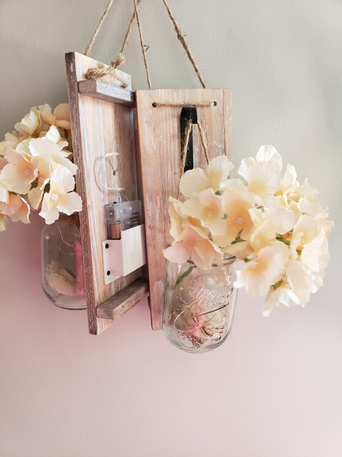 Cottagecore Floral Mason Jar Twinkle Light Arrangement in Glass On A Wood Plaque