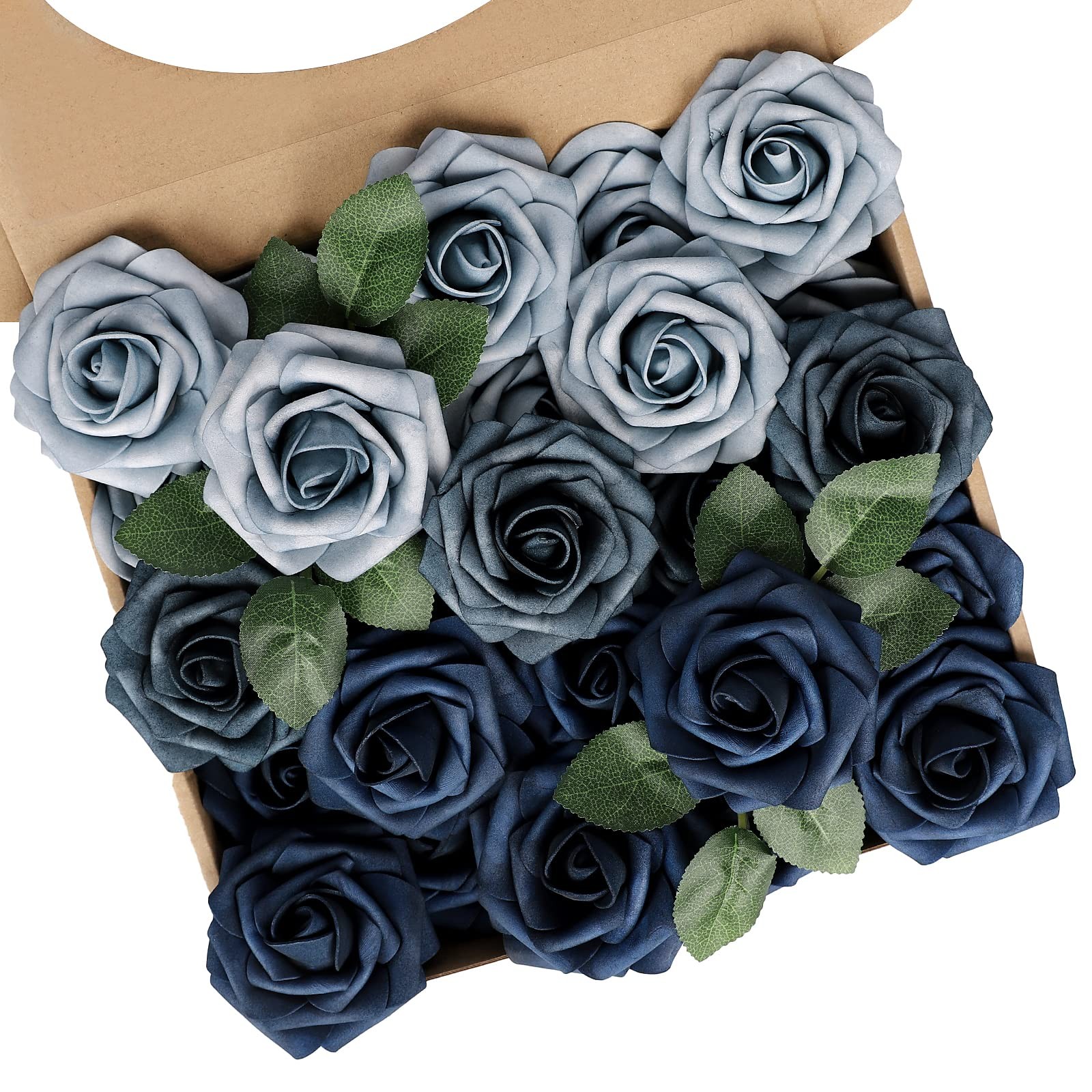 25 PCS Fake Roses Artificial Flowers Dusty Blue Shades Navy Blue Decoration