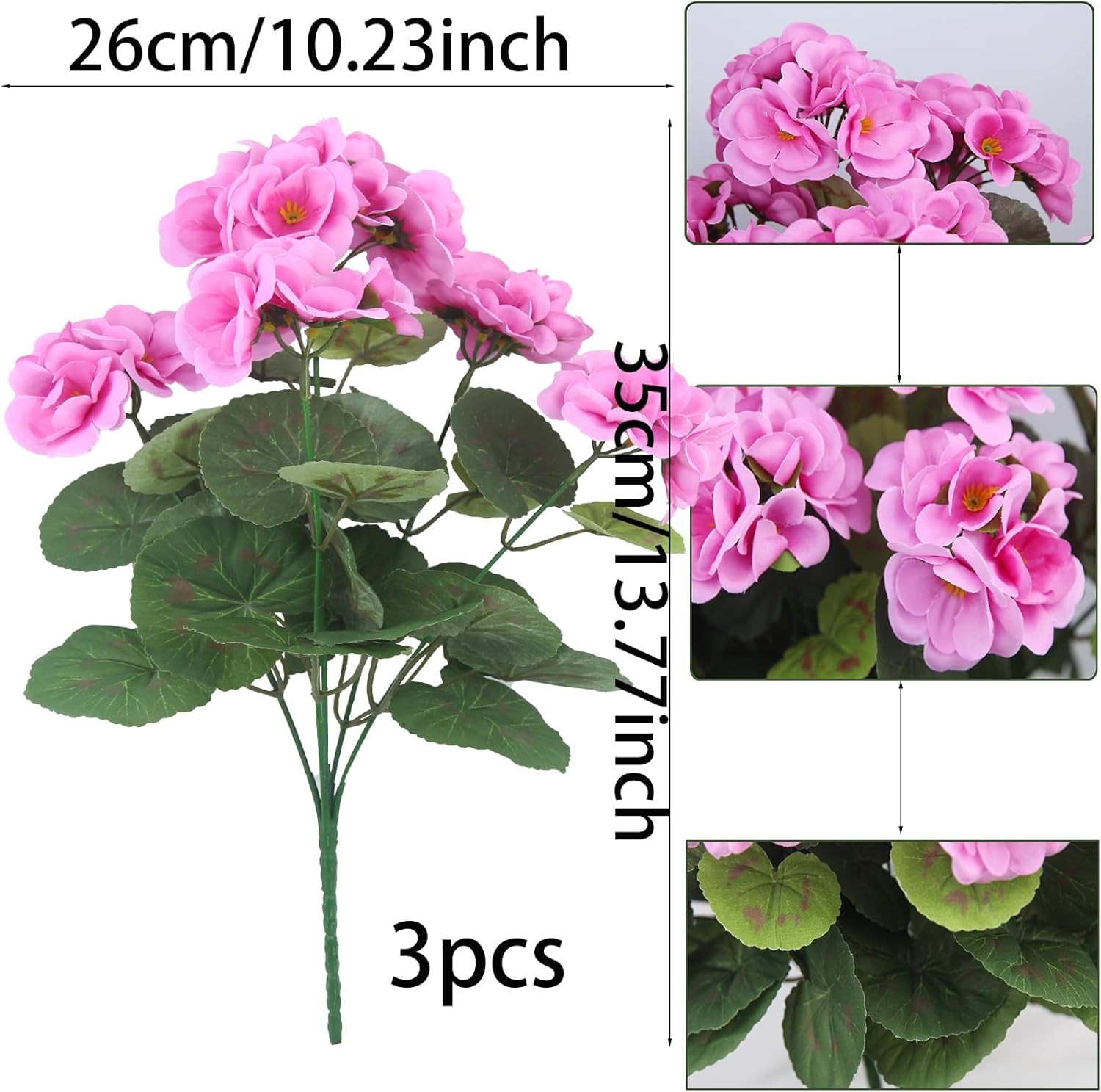 3 Pcs Artificial Geraniums Flowers Silk Geraniums for Outdoors UV Resistant Purp