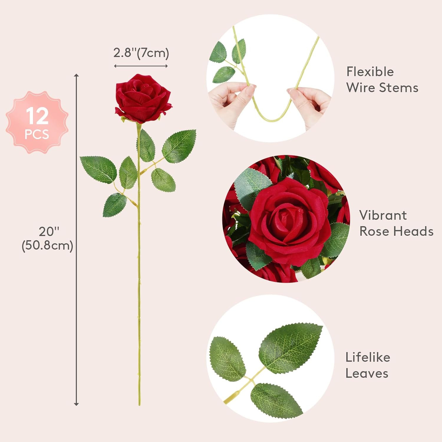 Classic Red Artificial Roses Flowers, Faux Long Stem Silk Roses Bulky for DIY We