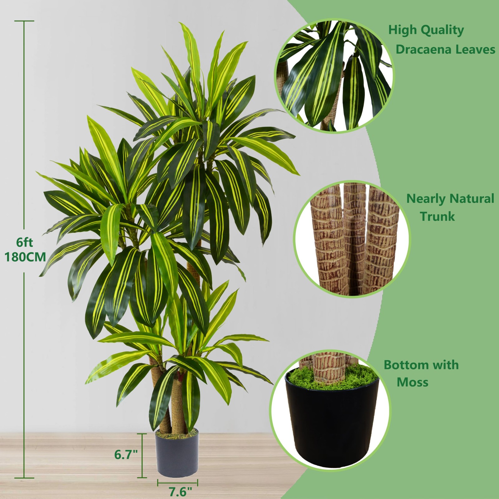 Artificial Dracaena Tree, 6ft Tall Fake Dracaena Plant with Basket, Indoor Ou…