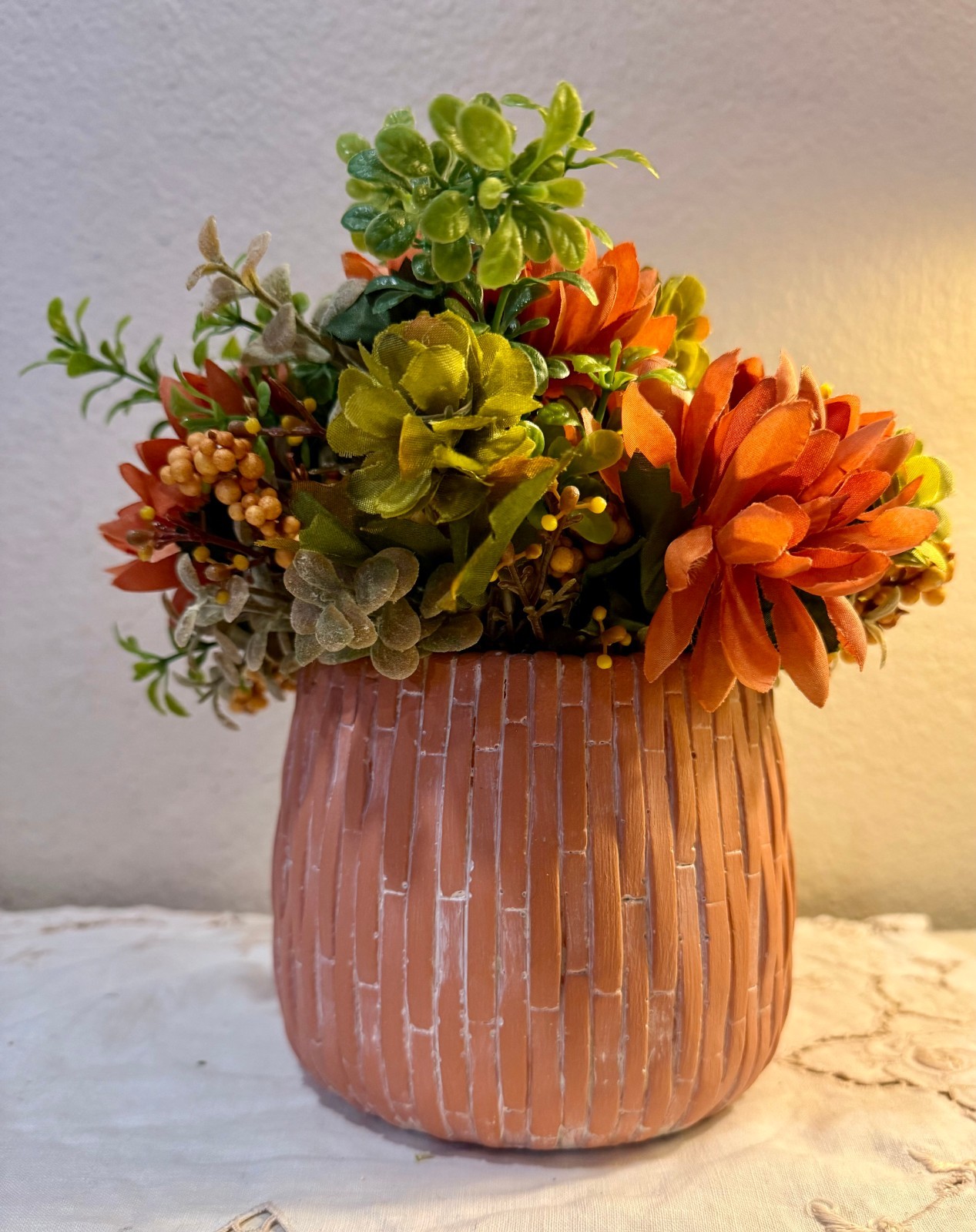 Upcycled Terracotta Pot Hand Painted with Fall Autumn Faux Florals Centerpiece