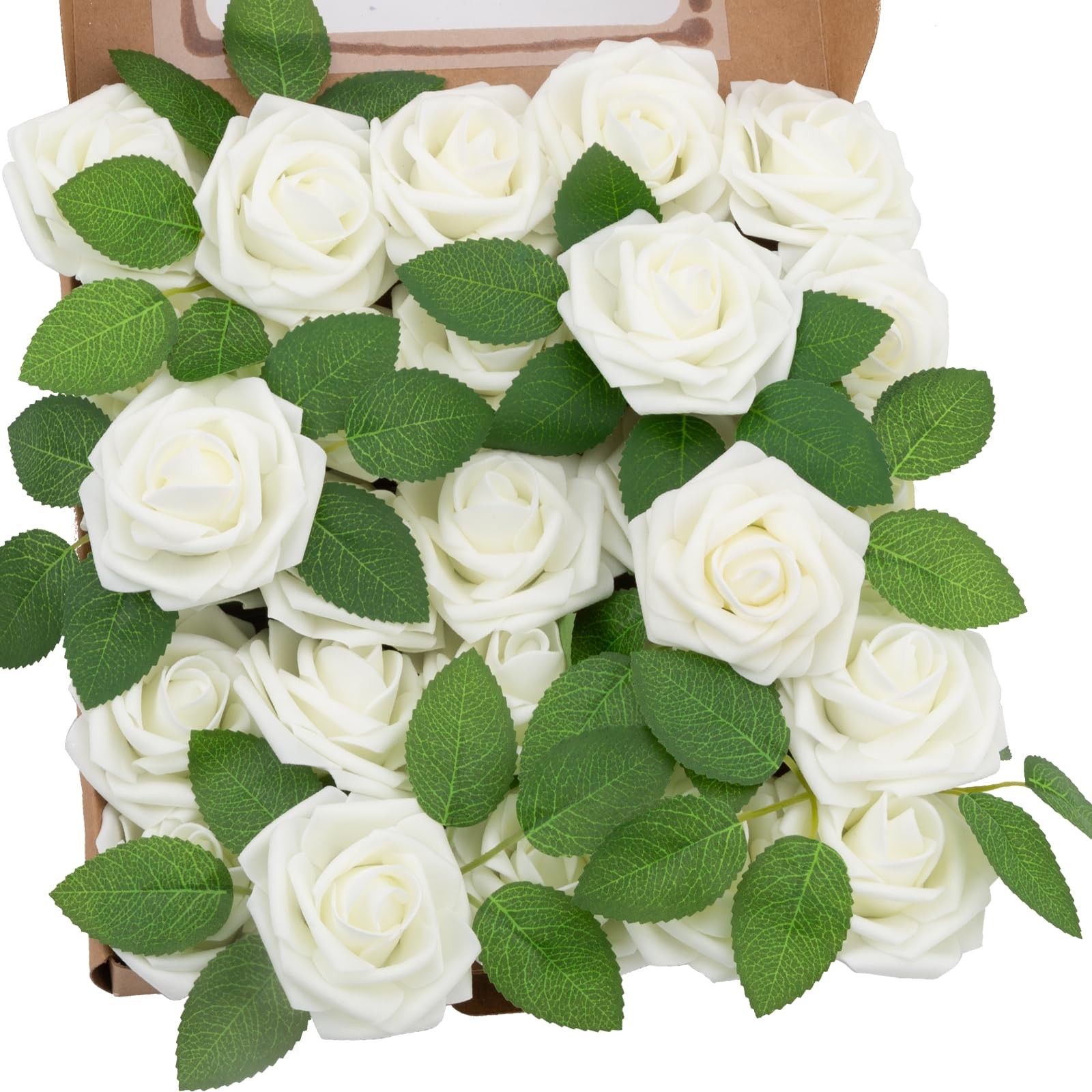 100pcs Artificial Flowers White Roses for Decorations, Real Looking Fake Foam…