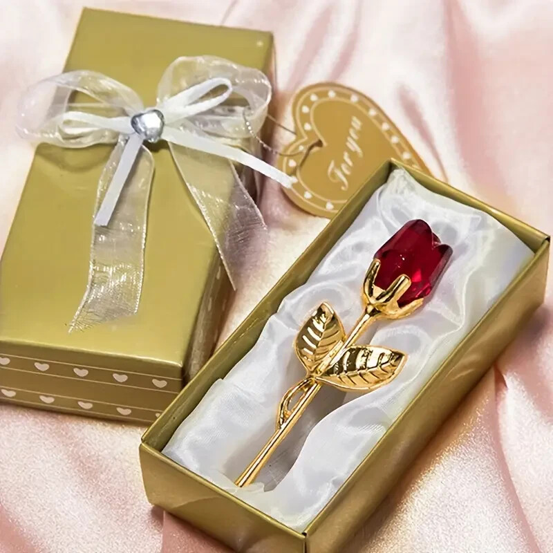 1 pc. Valentine Day Crystal Glass Red Rose Flower w/ Yellow Stem in Golden Box