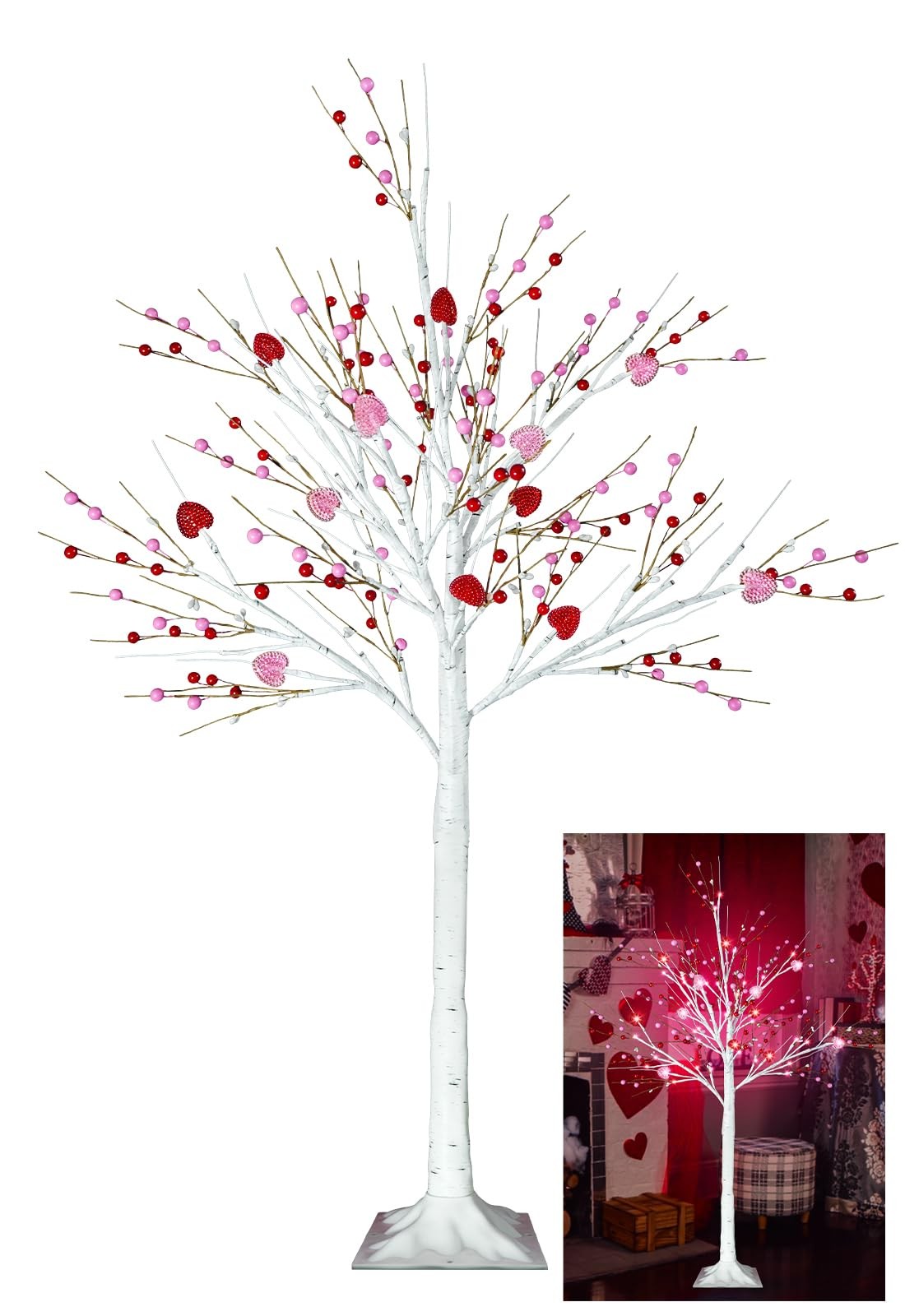 4 FT Lighted Valentines Day Artificial Birch Tree 48 LED Red Pink Heart