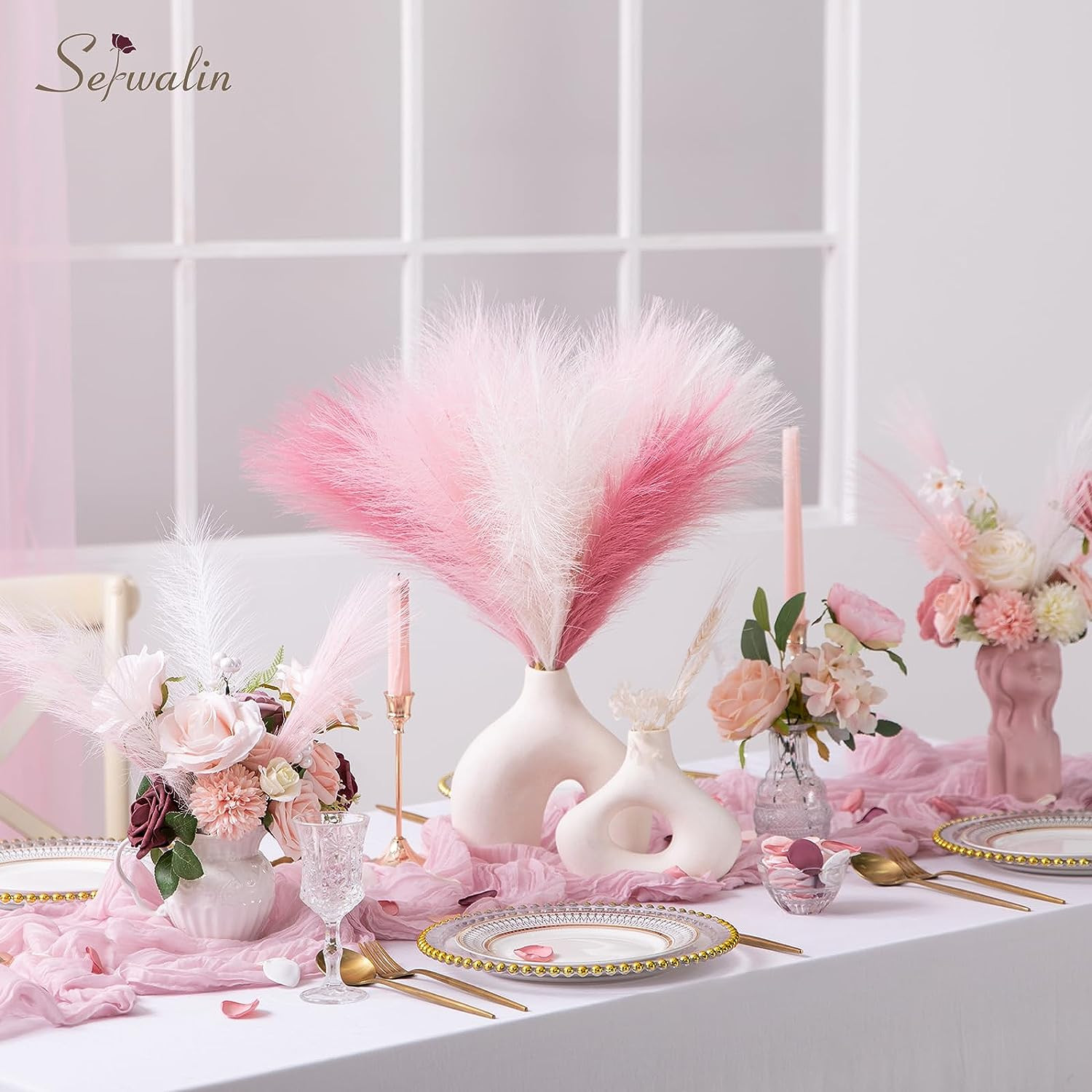 Pampas Grass Pink Decor 17.7 Inch 6Pcs, Faux Pampas Grass Home Decor, Artificial