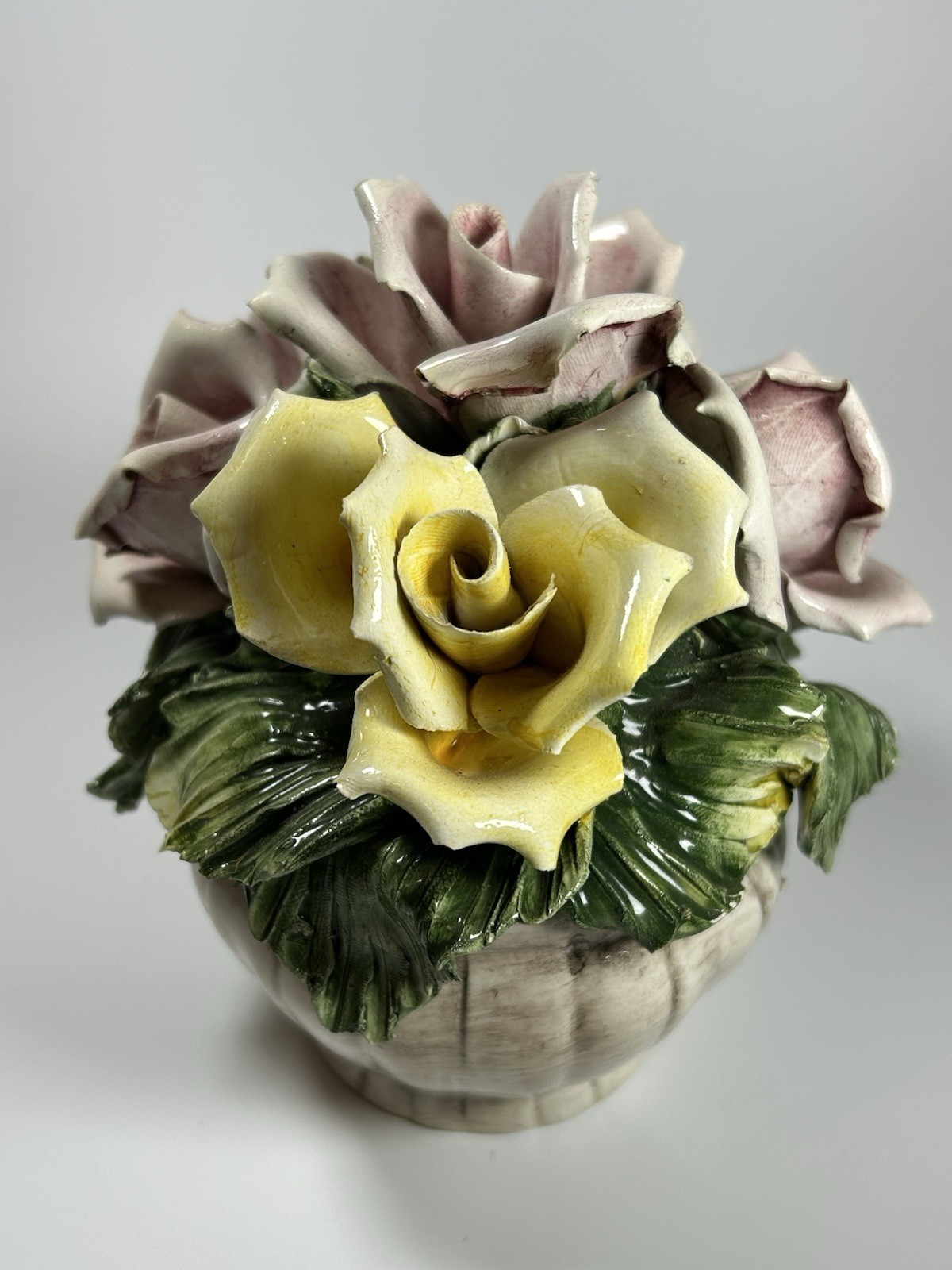 Porcelain Flower Centerpiece Capodimonte Italy Pink Yellow Roses 6.5” Long