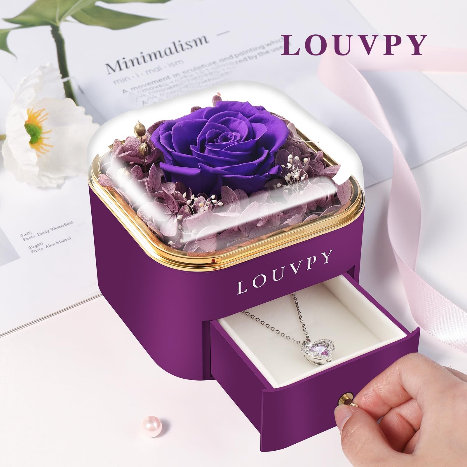 Gift for Girlfriend- Valentine Purple Eternal Rose Box with Necklace, Anniver…