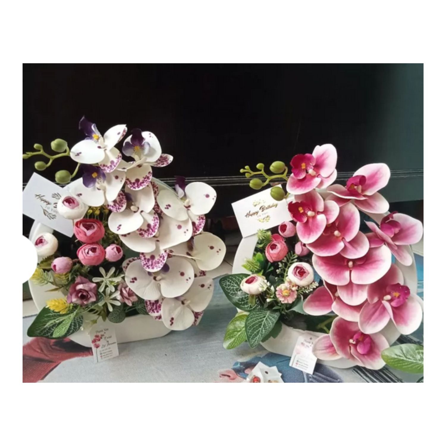 Artificial Phalaenopsis Latex Orchid Flowers Arrangement with White Purple Vase