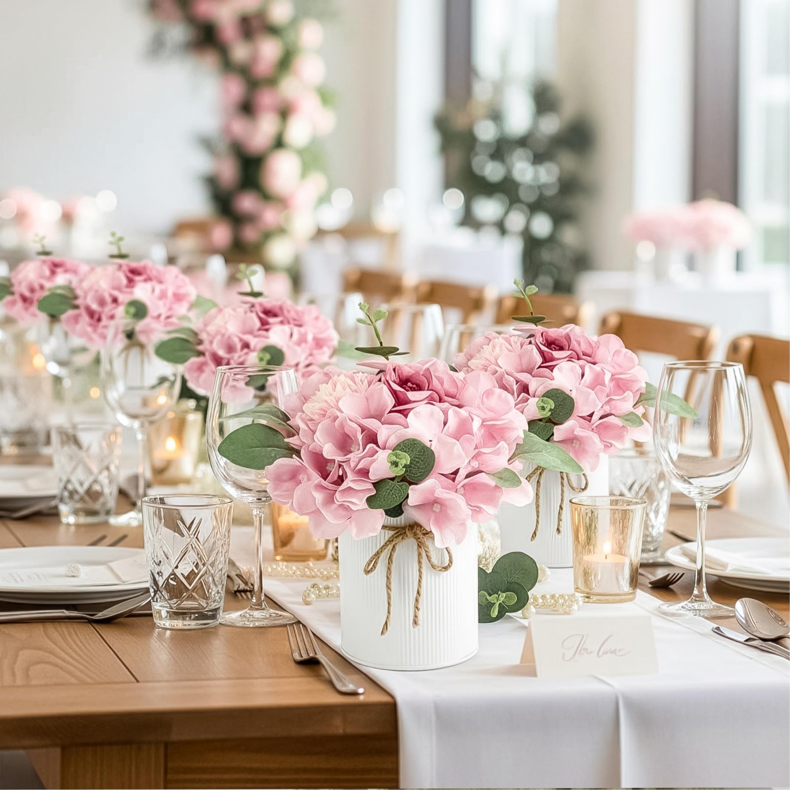 10PCS Faux Silk Hydrangea Flowers with Vase – Spring Wedding Table Centerpiece D