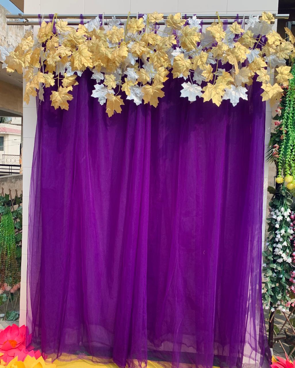 Purple Decoration Backdrop Fabric With Gold & Silver Maple Leaves Party Backdrop