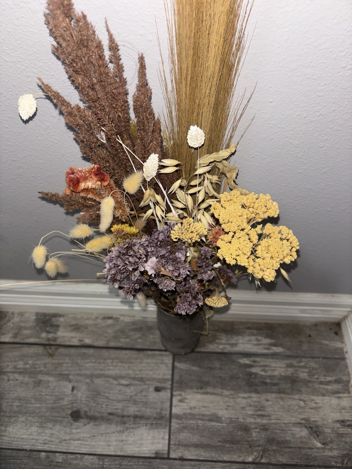 Fresh Dried Flower Arrangement in Gray Vase with Brown, Yellow, Purple, Cream