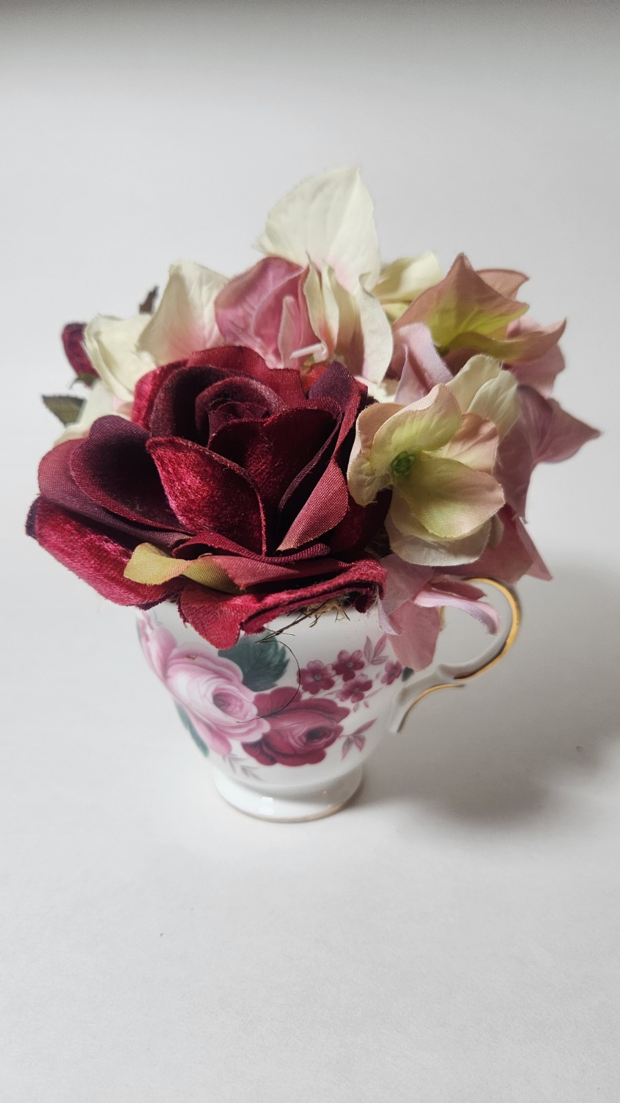 Queen Anne Bone China Artificial Flower Arrangement Teacup Rose Hydrangea