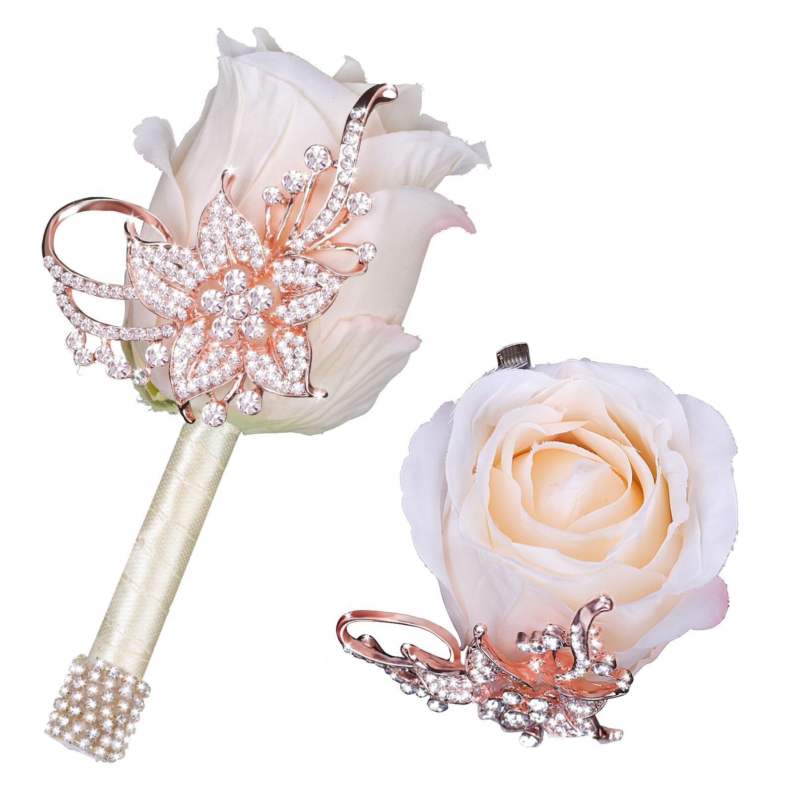 Bling Boutonniere Men Wedding Pocket Pins Groom Suit Artificial Rose Ivory