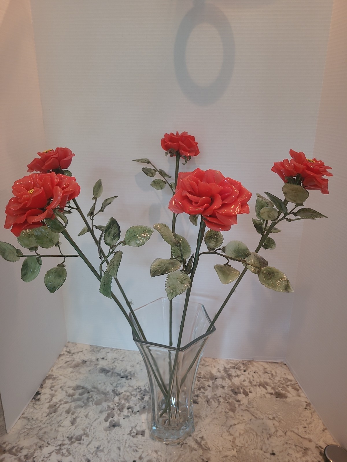 5 Vintage Porcelain Flowers With Plastic Stems Red Orange 25″ Long Stem