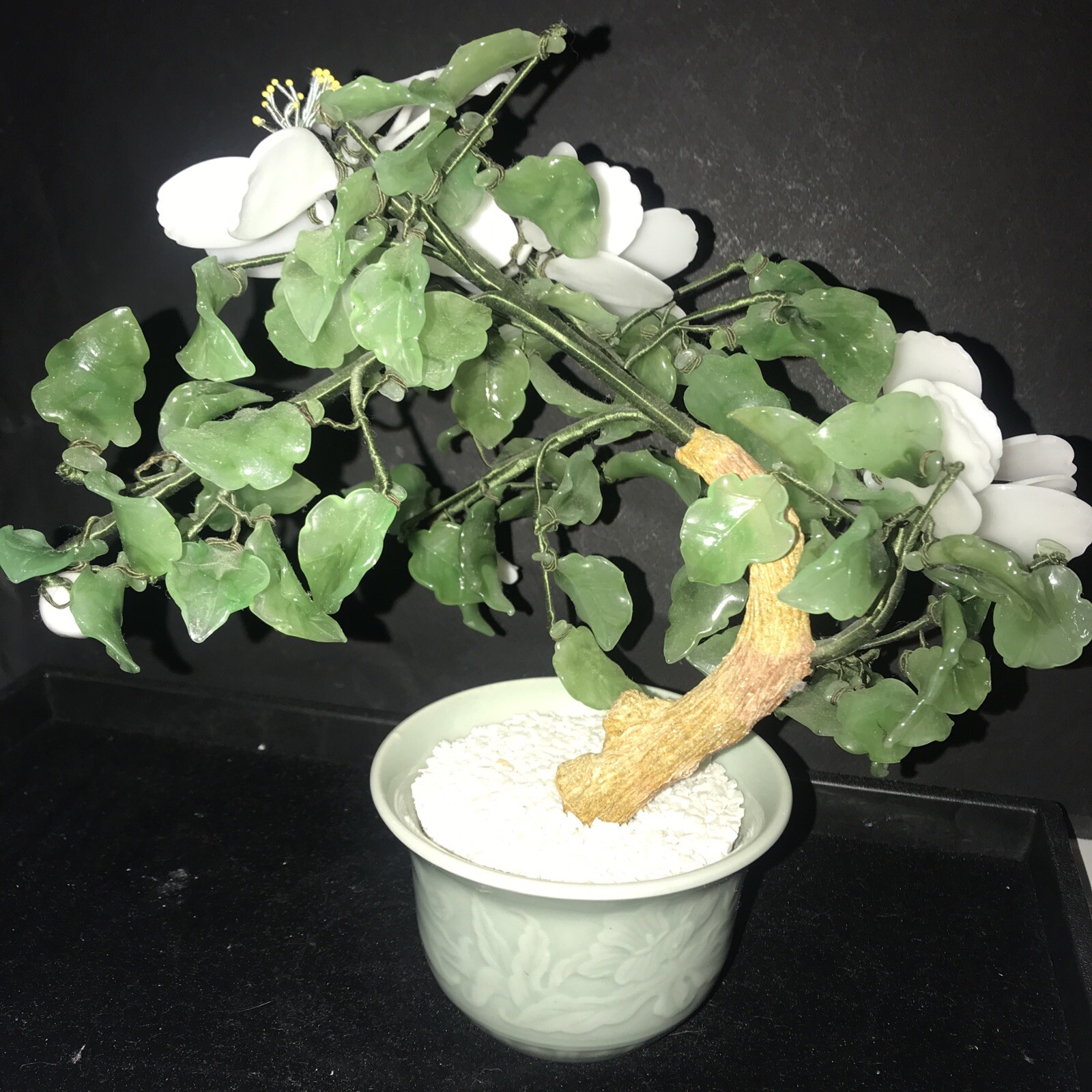 Vtg Chinese Jade & Glass Bonsai Tree Large White Peony Flowers Celadon Pot MCM
