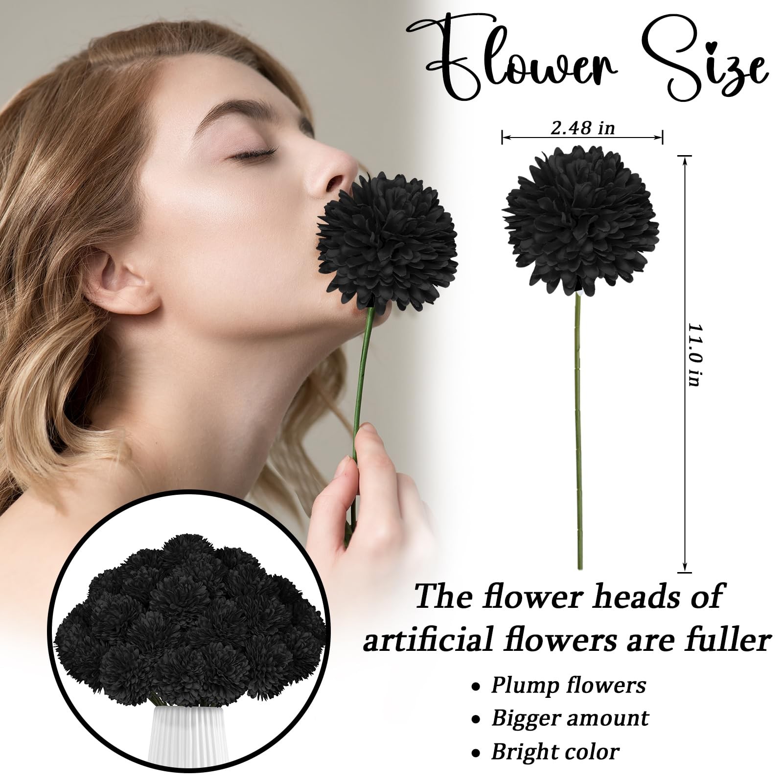 36 PCS Black Artificial Chrysanthemums Silk Fake Mums Halloween Gothic Decor