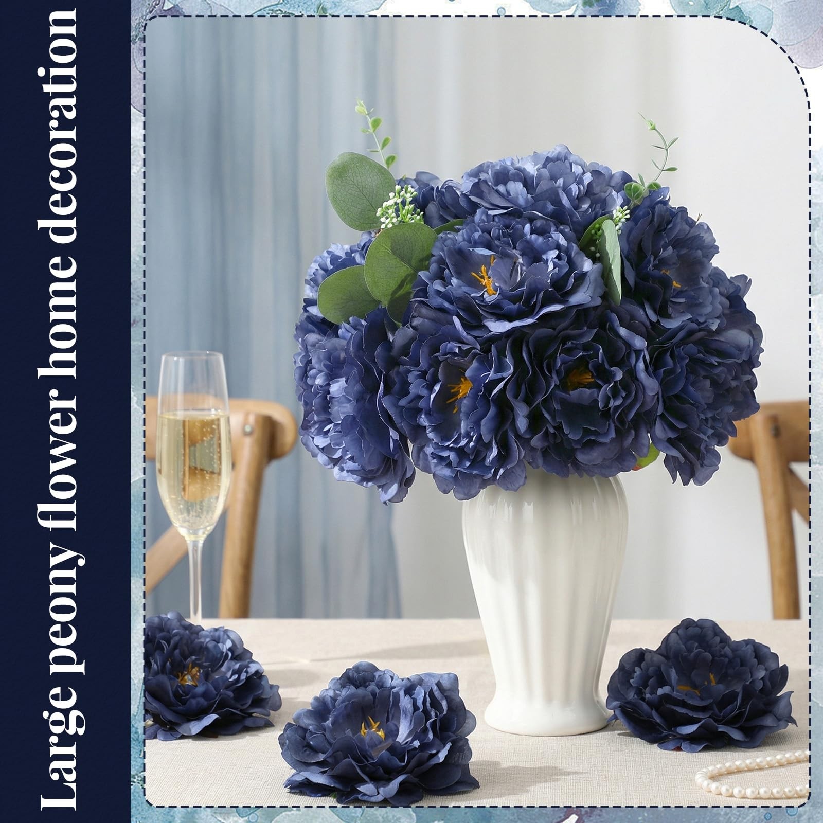 Artificial Peonies Flowers 5.5 Inch 50 PCS Ink Blue Silk Wire Branch Bouquets
