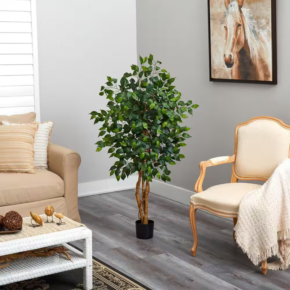 Artificial Ficus Tree 4 Ft 48 Inch Faux Indoor Plant 504 Leaves Black Pot Decor