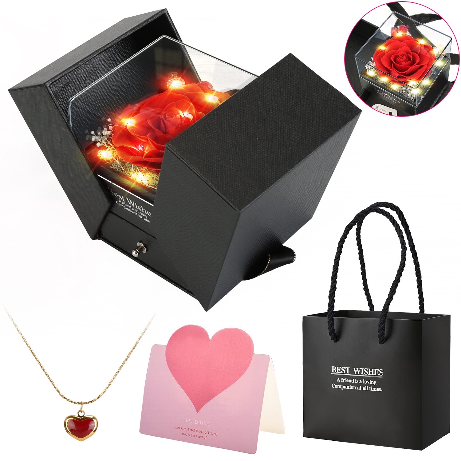 Preserved Eternal Real Rose Flower Gift Box with Heart-Shaped Necklace for Mom