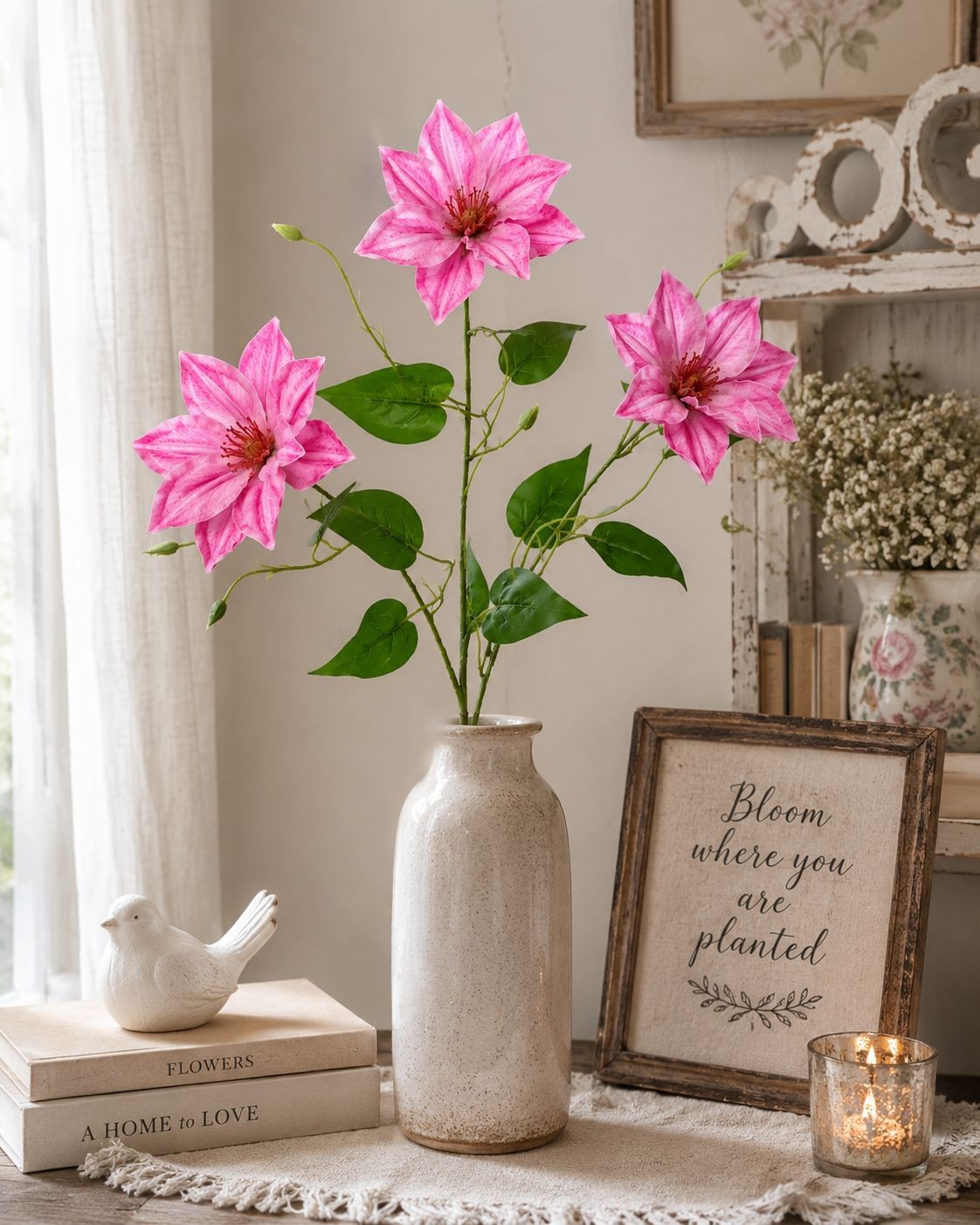 Pink Clematis Stem Faux Flower Branch Floral Stem Cottagecore Wedding Flower Far