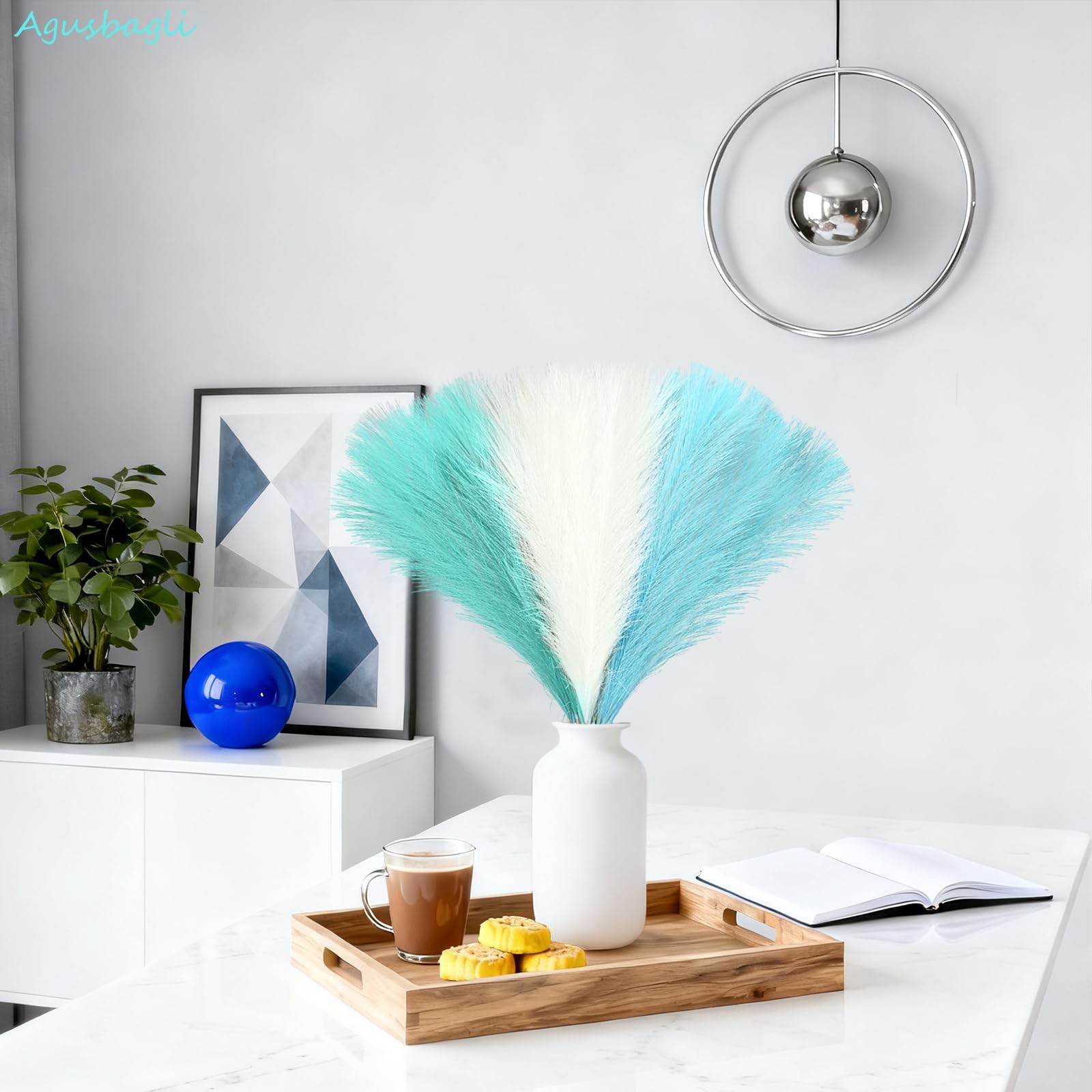 30pcs Light Blue Pampas Grass Decor, 21.5in Fluffy Faux Colored Pampas Grass …