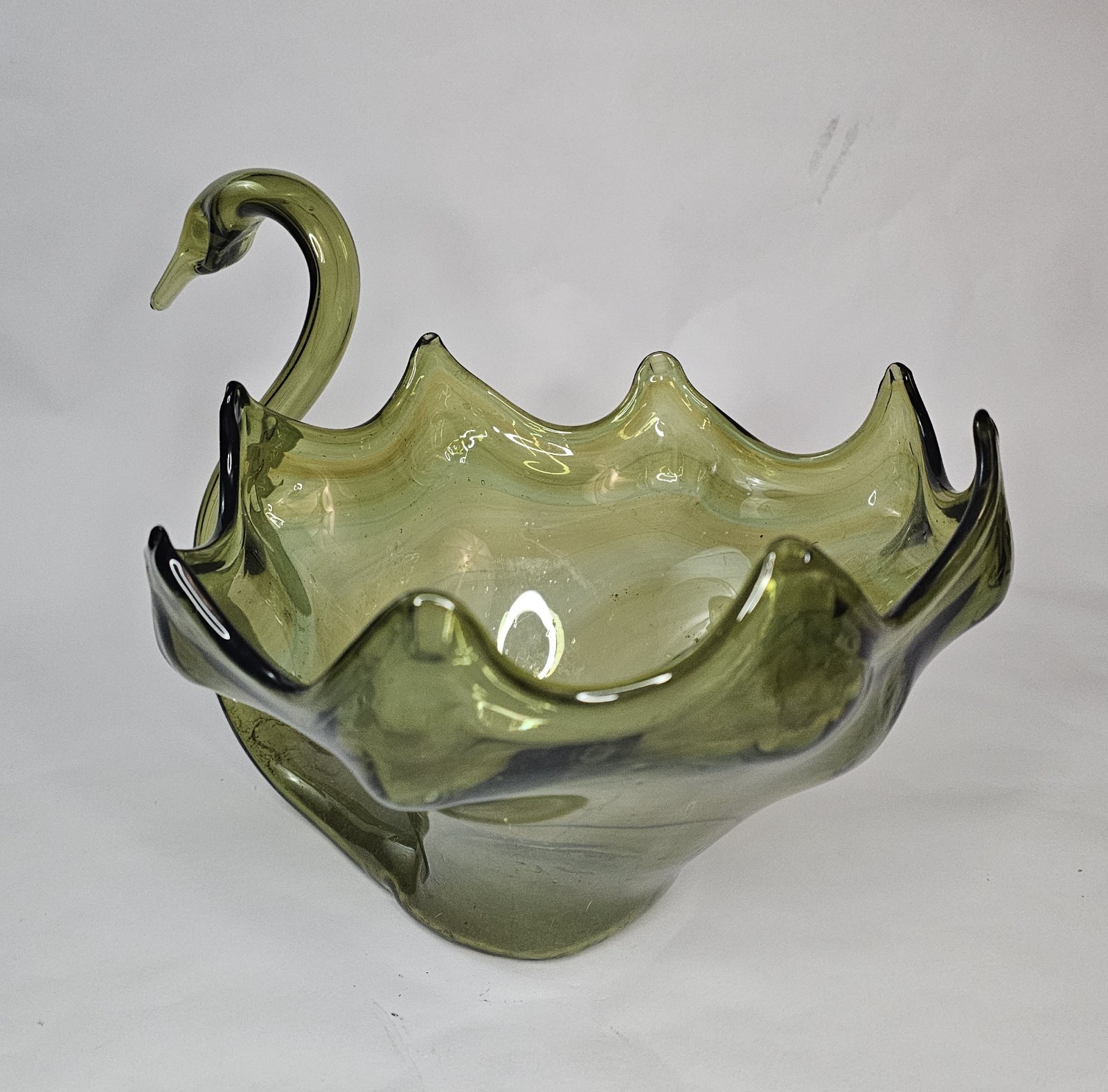 Vintage Hand Blown Art Glass Swan Bowl Multi-Green, Table Topper Decor