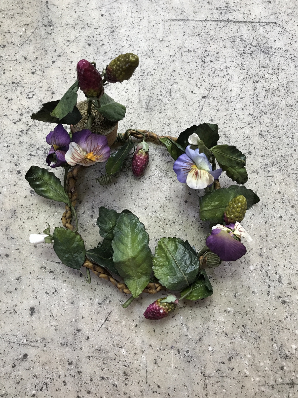 Vintage Spring Summer Purple PANSY CANDLE RING Floral Wreath 6” – Fast Ship!