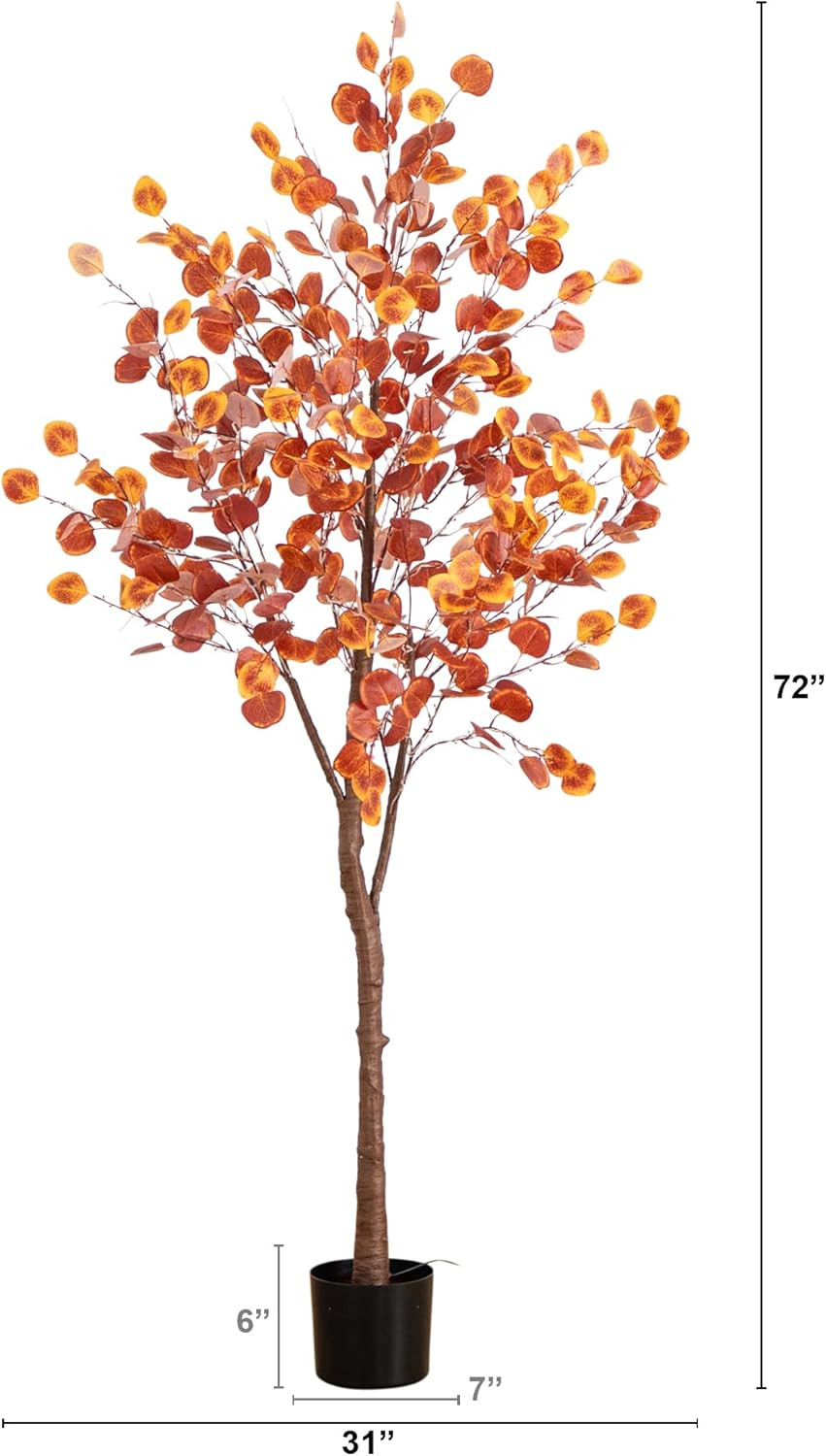 6FT Pre-Lit Faux Eucalyptus Tree with 300 LED Lights for Fall Décor