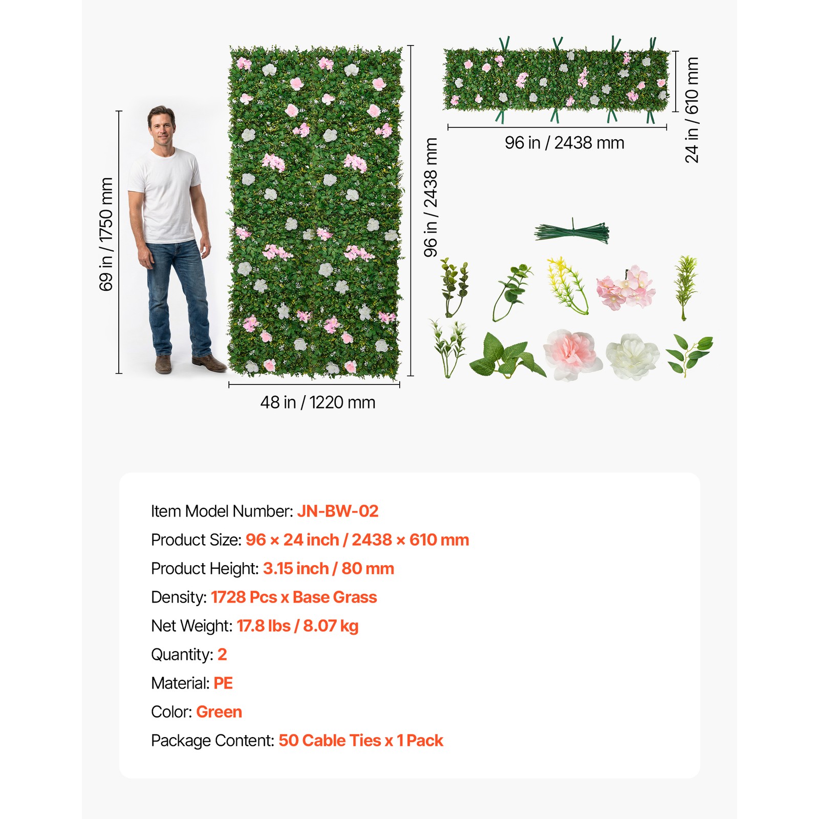 Uimoso Artificial Floral Wall Backdrop, 2PCS 2 x 8 ft Each Decorative Panel