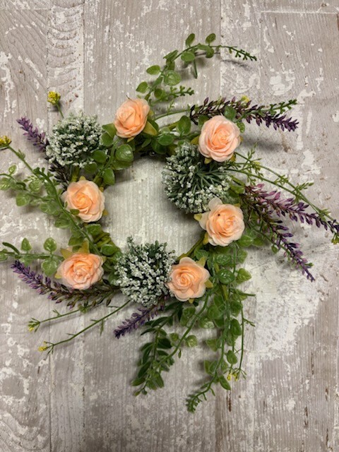 New Country Cottage PEACH ROSE CANDLE RING Floral Wreath 3″