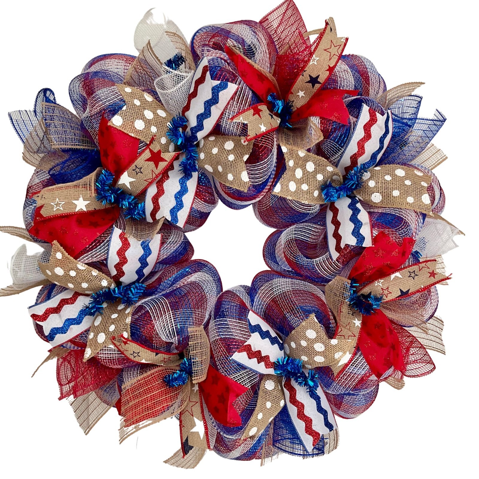 Red Burlap and Blue Patriotic Ribbon Wreath Handmade Deco Mesh