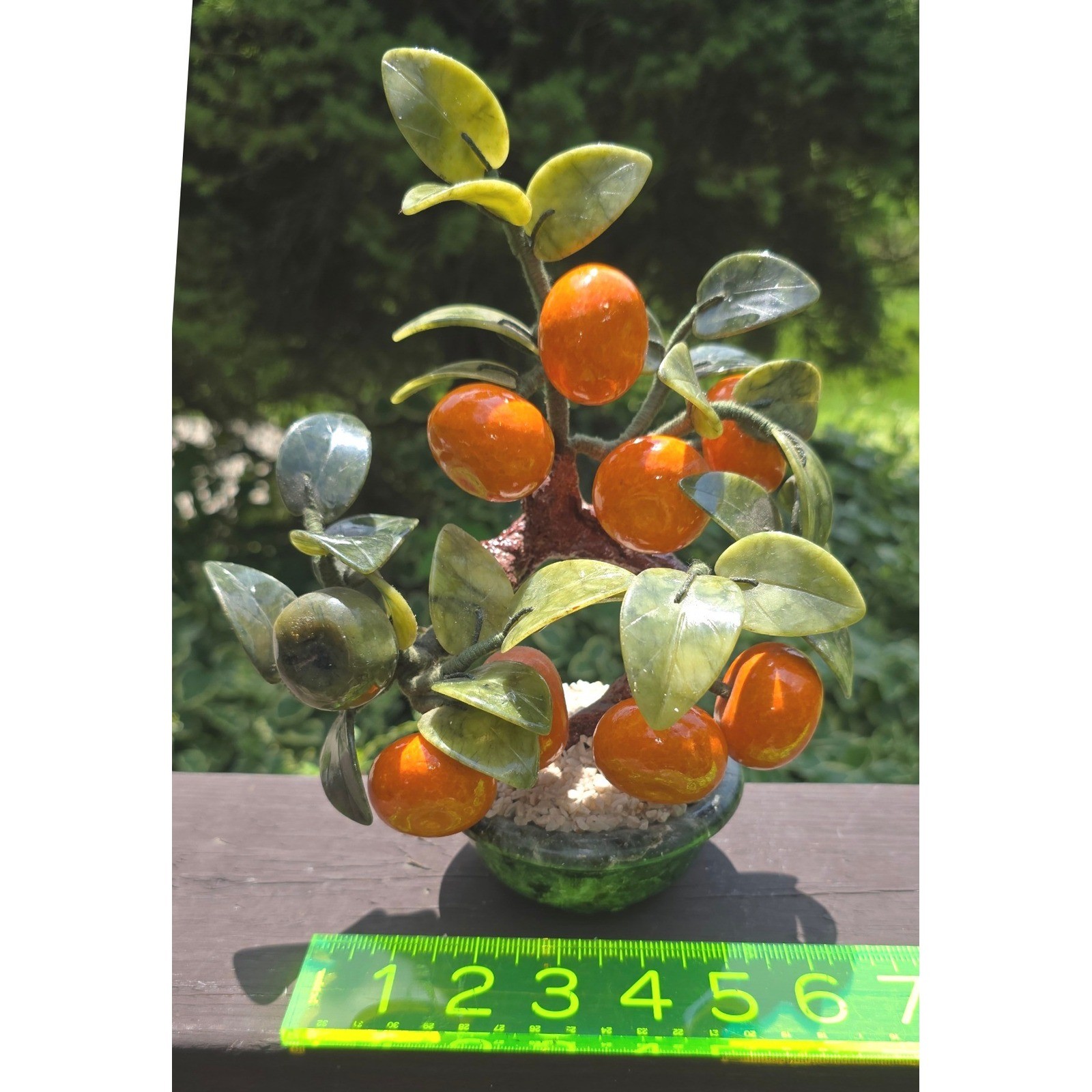 Vintage Chinese Glass Jade Agate Orange Persimmon Bonsai Tree Carved Pot