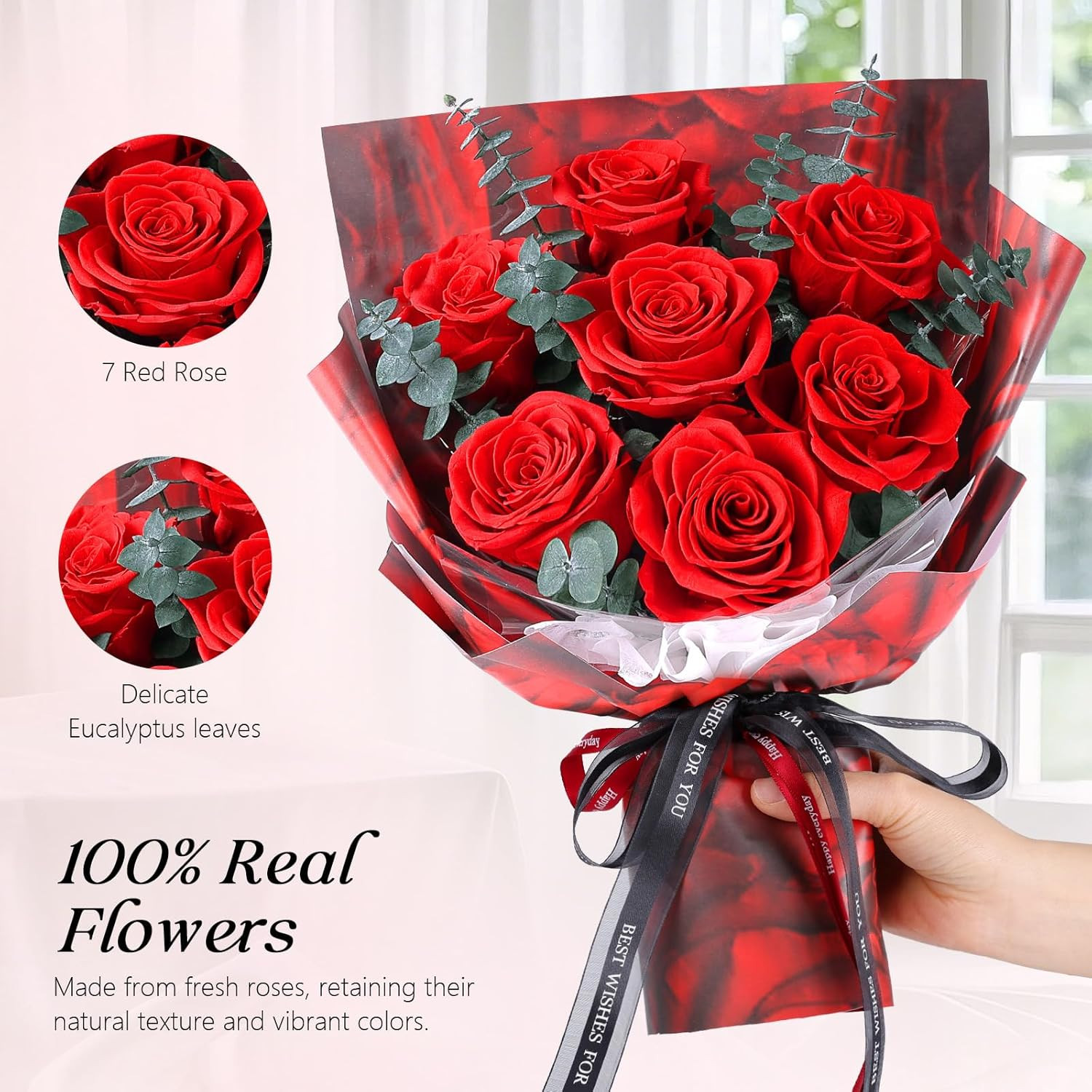 Preserved Flowers Bouquet 7 Roses – Red Real Rose & Flowers for Delivery, Eterna