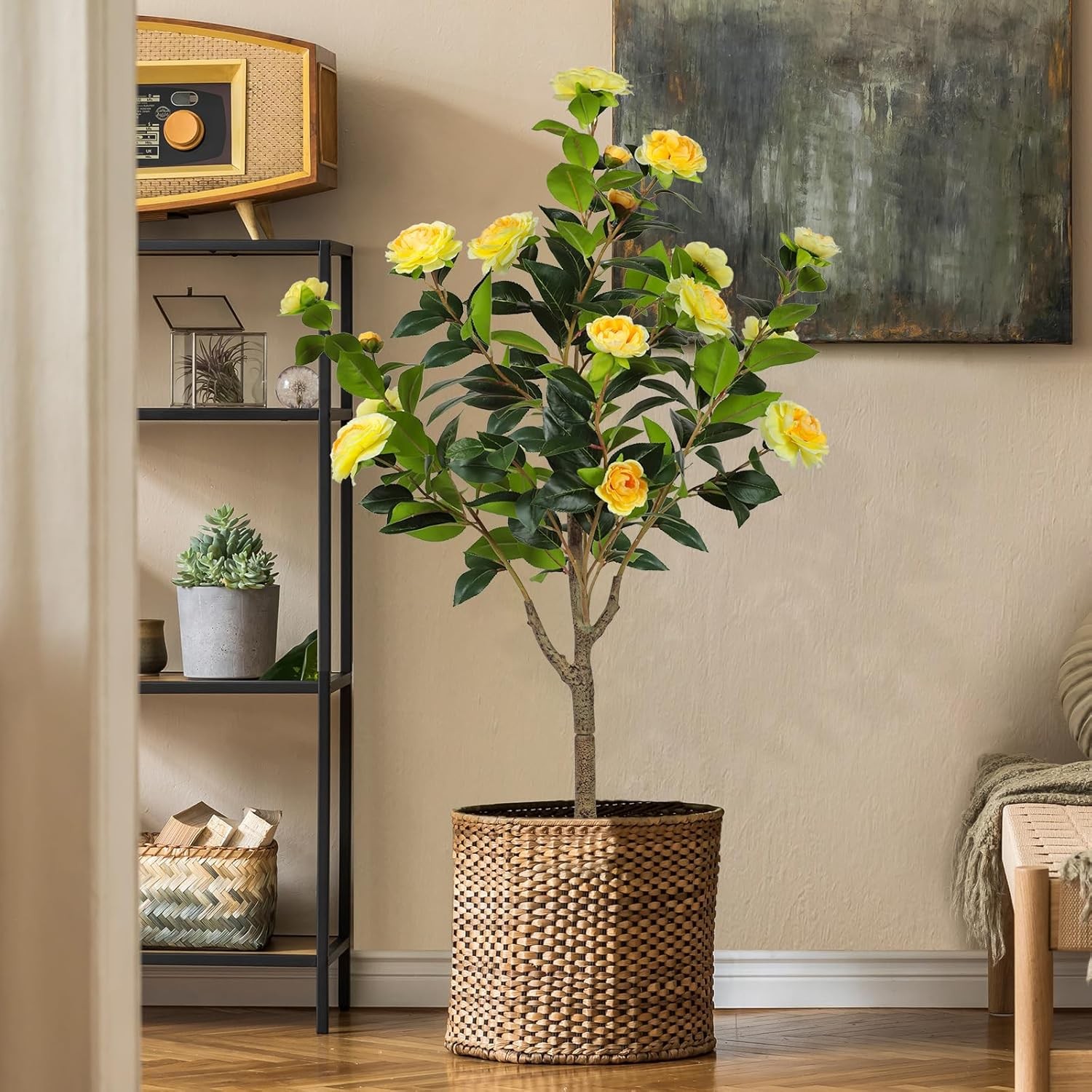 2PCS Fake Plant, 4FT Artificial Camellia Flowers Tree Home Decor for Livingroom
