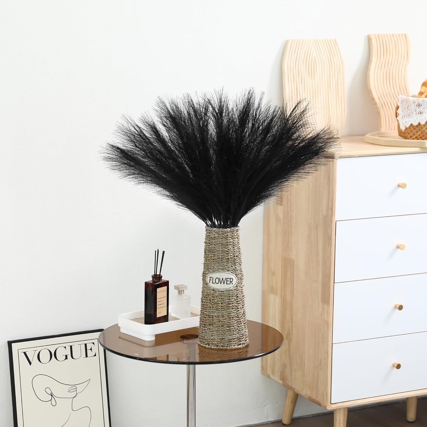 30Pcs Black Pampas Grass – 24 Inch Faux Pampas Grass Decor, Short Artificial Pam