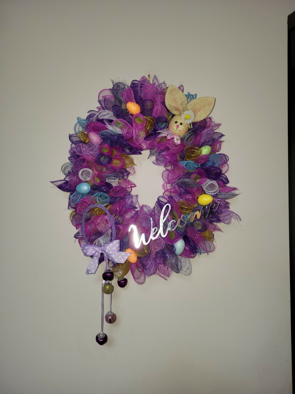 Welcome EASTER egg basket blue yellow purple pink SPRING Wreath Deco Mesh Door