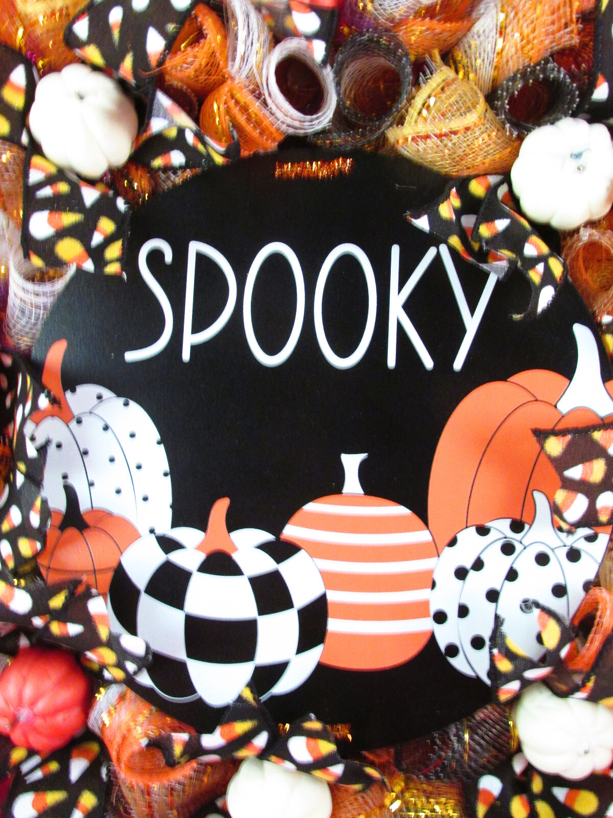 Woodland Cruffle Deco Mesh Halloween Candy Corn Ribbon Wreath