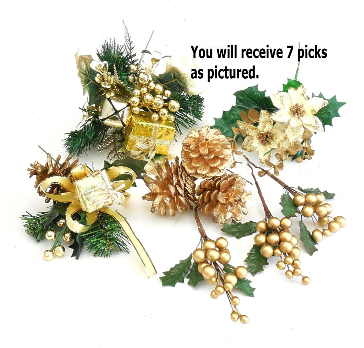 Vintage Christmas Plastic Floral Greenery Craft Lot 43pc w Gold Picks Stems Trim