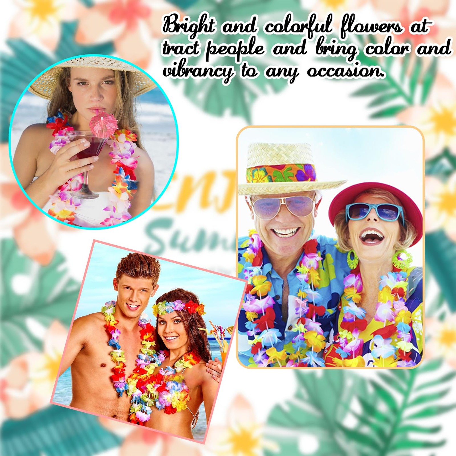 24 Pcs Colorful Hawaiian Leis Tropical Flower Leis for Luau Party Summer Beach