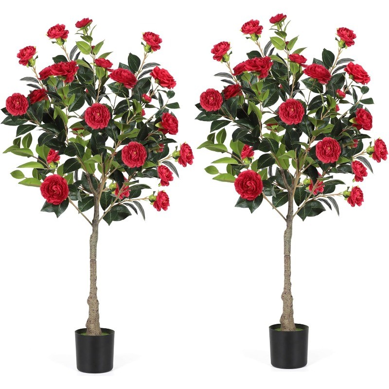 2PCS 4 FT Artificial Camellia Tree with Blooming Red Flowers for Indoor Outdoor