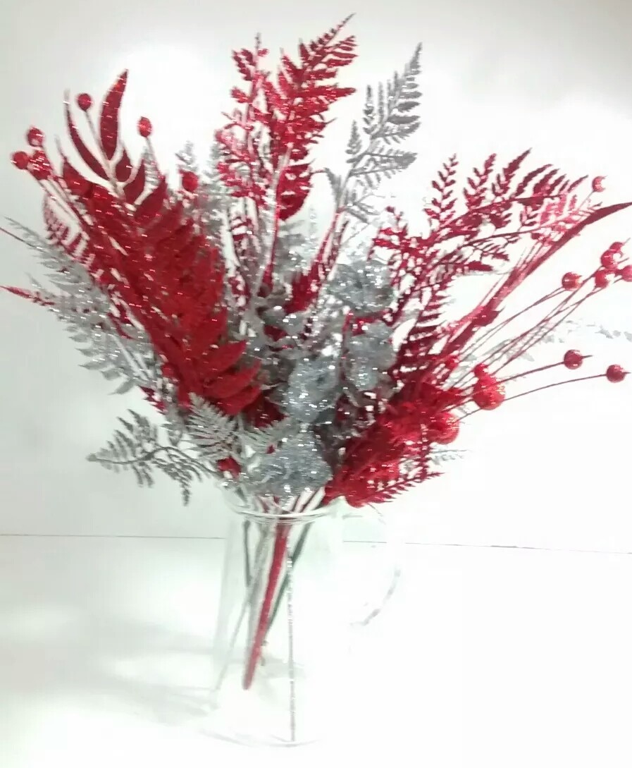 Set Of 6 Mixed Metallic Glitter Red & Silver Berry Sprays Floral Decoration