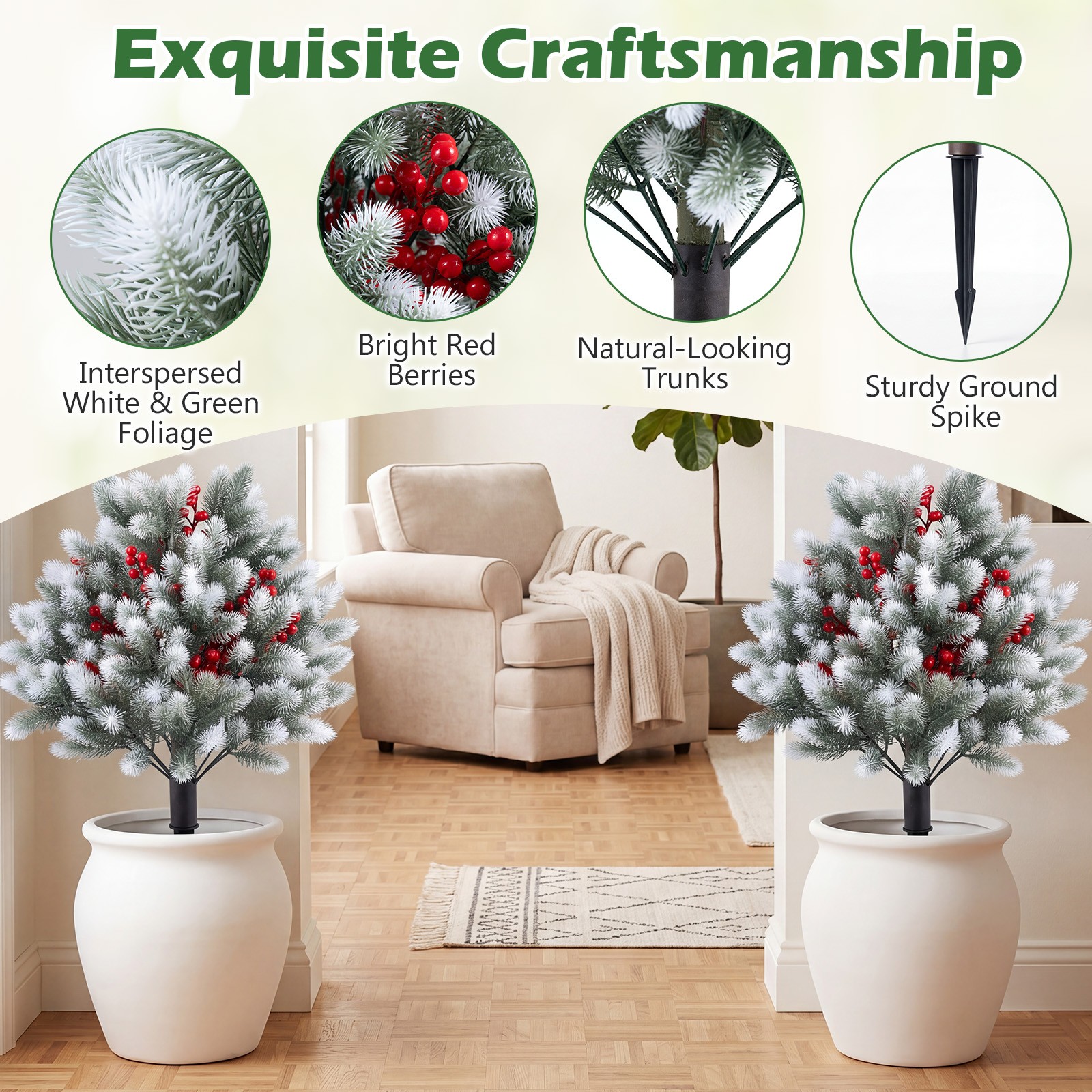 2PCS 27.5″ Artificial Cedar Topiary Ball Trees w/Ground Spikes, Indoor & Outdoor