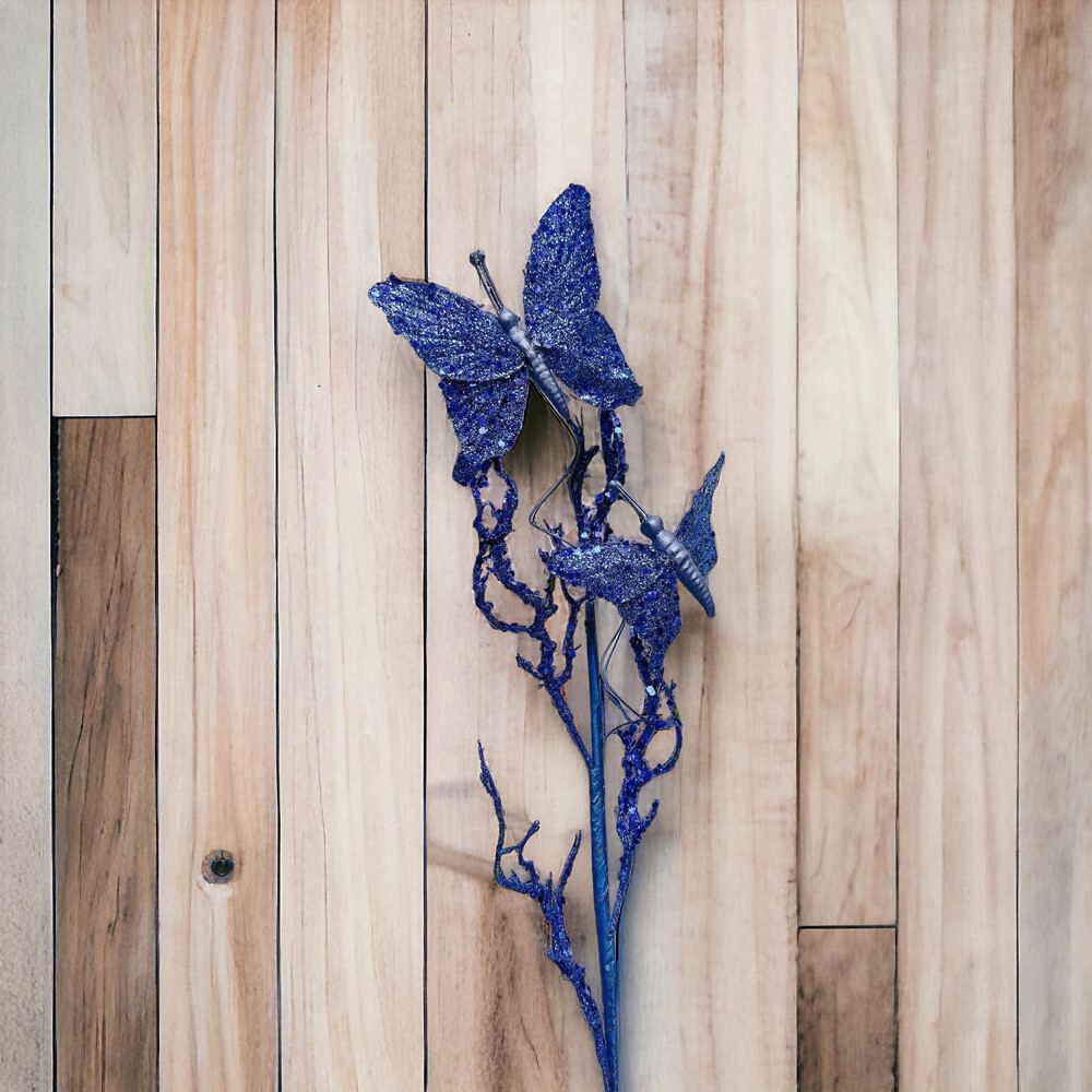 31″ Blue Glitter Twig With 2 Butterflies Dead Twig Branch Window Insect Floral