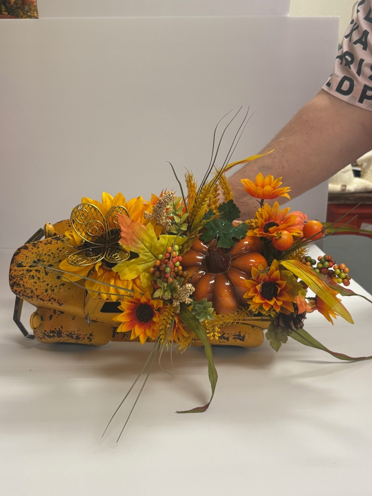 Rustic Yellow Honey Bee Farm Truck Planter with Sunflower Floral Arrangement