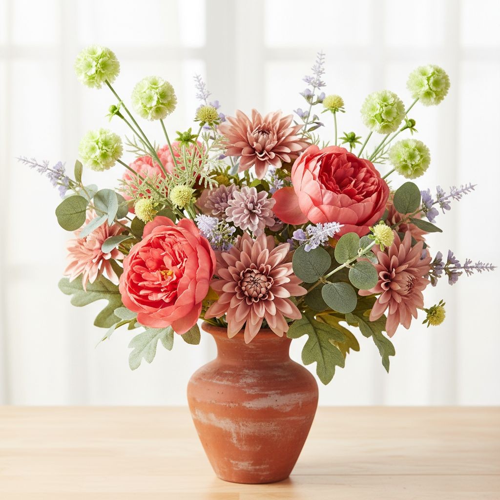 Artificial Scabiosa Flower Stems Green White Faux Wildflower Cottage Floral Fill
